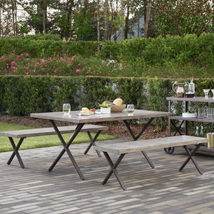 COSCO OUTDOOR LIVING FARMSTEAD 3 PIECE TABLE AND BENCH PATIO SET, WOOD GRAIN  - Dark Brown - N/A