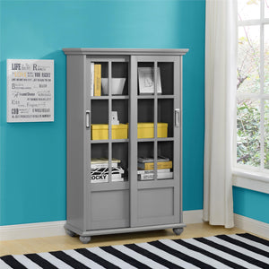 AARON LANE BOOKCASE WITH SLIDING GLASS DOORS, GRAY  - Gray - N/A